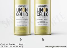 two bottles of lemon gel sitting next to each other on a white background with the words, custom printed labels below