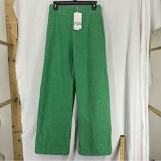 Nwt Zara High Waist Wide Leg Ribbed Cloth Pants Womens Medium Green New With Tags Measurements Included In The Photos Corset Pants, Cloth Pants, Orange Pants, Casual Wide Leg Pants, Printed Wide Leg Pants, Belted Pants, Wide Leg Cropped Pants, Pants Womens, Zara Pants