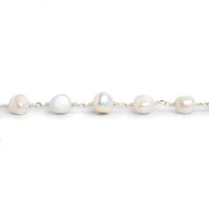 Pearls average about 8x7mm with about 29 pieces per foot of chain. These exquisite pearls show off an unmatched white color on lustrous baroque pearls that are nothing short of breath-taking paired with our handwrapped silver plated chain. Our specially curated Pearl chain is perfect for all of your finest Jewelry designs, ideal for making necklaces, earrings and much more! Silver Baroque Pearl Necklaces With Round Beads, White Pearl Bracelet With Adjustable Chain, Silver Baroque Pearl Bracelets For Weddings, Elegant White Wire Wrapped Pearl Bracelet, Silver Double Strand Pearl Necklace With Pearl Drop, Silver Baroque Pearl Bracelet With Pearl Chain, Silver Baroque Pearl Jewelry With Round Beads, White Sterling Silver Pearl Necklace With Round Beads, White Pearl Necklace With Sterling Silver Round Beads