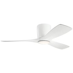 a white ceiling fan with two blades on the top and one light on the bottom