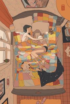 an illustration of two people laying in bed