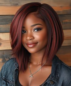 Rusty Red Bob Bob Hairstyles For Redheads, Fiery Red Hair Color, Fall Color Silk Press Natural Hair, Black Women Highlights Hair, Fall Color Hair Ideas For Black Women, Yaki Hairstyles, Fall Vivid Hair Color, Fall Bob Hairstyles