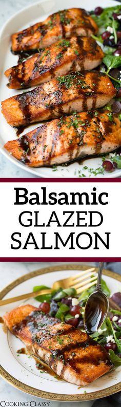 balsamic glazed salmon on a plate with salad