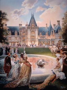 a painting of some people in front of a large building with swans on the water