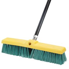 a yellow broom with green bristles on the handle and black handle, against a white background