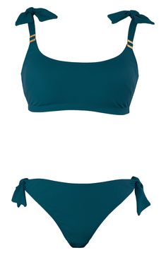 Ribbed fabric adds texture to this two-piece swimsuit styled with adjustable tie straps and goldtone hardware. Moderate back coverage Scoop neck Lined 80% polyamide, 20% elastane Machine wash, dry flat Imported OEKO-TEX®–certified materials free of harmful substances This product meets Nordstrom Responsible Manufacturing criteria: made in a factory that meets higher environmental or social standards Chic Swimwear With Tie Straps For Poolside, Chic Beach Swimwear With Tie Straps, Solid Color Swimwear With Tie Straps For Beach, Tie Straps Swimwear For Beach, Chic Swimwear With Tie-back And Tie-side Bottom, Maternity Two Piece, Social Standards, Porto Vecchio, Swimsuit Fashion