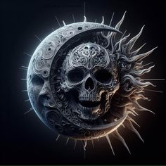 a skull sitting on top of a moon with spikes coming out of its face and eyes