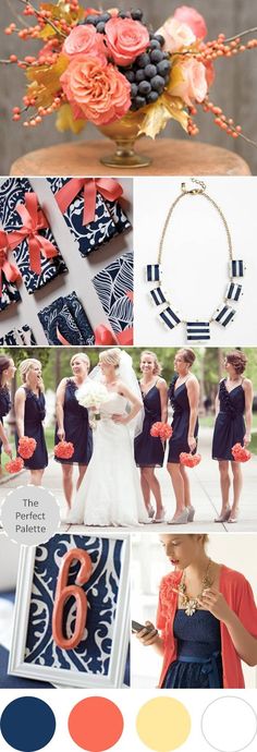 the color scheme for this wedding is navy and coral