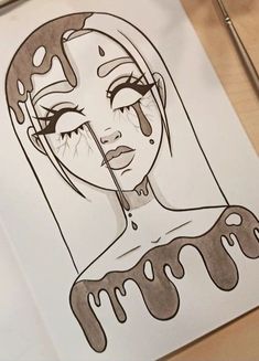 a drawing of a woman's face with chocolate dripping on it