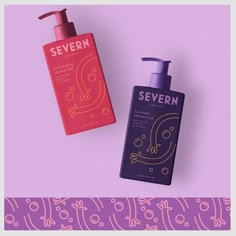 two bottles of shampoo and lotion next to each other on a purple background