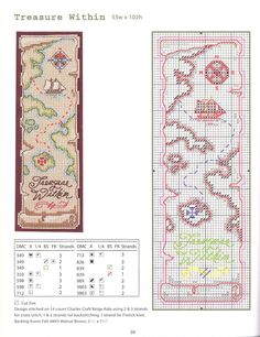 a cross stitch bookmark with two different designs