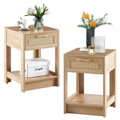 two side tables with flowers on them and a white box in the bottom right corner