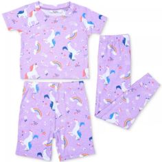 Roudelain Toddler Girl, 2 T 3-Pc. Pajama Set - Frolic Unicorns Crocus Petal Regular Price $46 Super-Soft, Cute Pajama Set : Shorts And Jogger Pants, Short Sleeve Top Bottom: Elastic Waist; Pull-On Styling. Inseam 14”. Shorts: Elastic Waist; Pull-On Styling. Top: Crewneck; Pullover Styling; Short Sleeves. Chest 20”, Top Length 14.5”. Size 2t (Fits 29-31 Lb; 35-36”) Material: 95% Polyester 5% Spandex. Care: Machine Wash Cold. Playful Matching Sets For Sleepover, Cute Multicolor Sleepover Sets, Playful Matching Bedtime Set, Playful Matching Bedroom Set, Cute Matching Pajama Sets For Sleep, Cute Matching Sleepwear Sets, Cute Matching Sleep Sets, Playful Purple Playtime Set, Cute Short Sleeve Purple Set