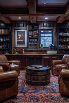 a living room filled with brown leather furniture