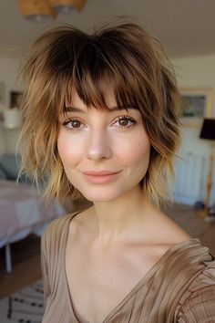 43 Short Shag With Bangs Hairstyles For Every Face Shape Shag Hairstyles With Bangs, Short Shag With Bangs, Shag With Bangs, Short Textured Bob, Choppy Bob With Bangs, Short Shaggy Bob, Straight Across Bangs, Short Haircuts With Bangs, Warm Brunette