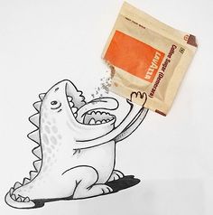 a bag of sugar next to a drawing of a dinosaur