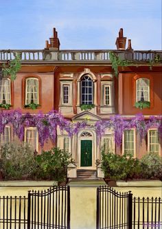 a painting of a large building with purple flowers on the front and side windows, surrounded by wrought iron fences