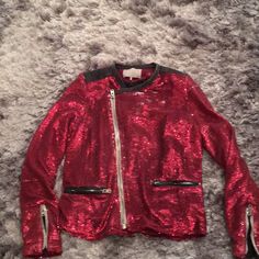 Red Sequin Jacket With Leather Detail- Never Worn Luxury Biker Jacket For Party, Luxury Long Sleeve Biker Jacket For Party, Luxury Red Outerwear For Party, Red Spring Party Outerwear, Red Fall Party Blazer, Spring Party Red Outerwear, Red Blazer For Night Out In Winter, Designer Party Outerwear For Fall, Chic Red Outerwear For Night Out