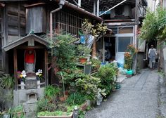 an alley way with lots of plants and potted plants