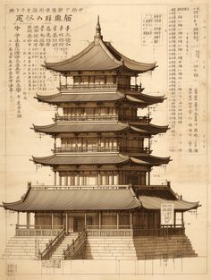 an architectural drawing of a pagoda in china