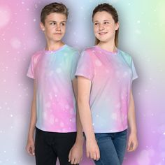 Chase your dreams and always believe in unicorns! Teen unisex tee with all-over pink/blue gradient print sublimation - Sizes 8 - 20 This product is made to order and will take at least 4-5 days to produce before it is shipped This exclusive design is only available at Hunky Donkey! SHIRT INFO: Get a t-shirt that your teen will love! This tee is a colorful statement piece that's made of a soft fabric and has an eye-catching design that won't fade. * Fabric composition in the EU: 96% polyester, 4% Teenager Boy Outfit, Gradient Pastel, Gradient Print, Teenage Girl Outfit, Teen Party, Blue Gradient, Fast Fashion, Pastel Colors