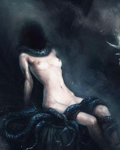 a painting of a naked woman with chains around her neck and hands on her hips