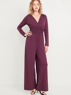 plunging v-neck long sleeves tie-strap at nape smocked waist shirred detail fitted at top wide leg 26" regular inseam 24" petite inseam 29" tall inseam models are approx.  5'9" and wear sizes s (4), l (12), and xl (18)machine wash according to the care instruction label  . Best Holiday gift for Women , perfect Jumpsuits for Christmas! Chic V-neck Jumpsuits And Rompers With Smocked Back, Chic Jumpsuits And Rompers With Smocked Back And V-neck, Fitted V-neck Jumpsuits And Rompers With Smocked Back, Spring V-neck Jumpsuits And Rompers With Smocked Back, Spring Jumpsuits And Rompers With Smocked Back And V-neck, Spring Long Sleeve Jumpsuits And Rompers With Elastic Waistband, Spring Long Sleeve Jumpsuits With Elastic Waistband, Elegant Romper With Smocked Back, Chic Long Sleeve Jumpsuits And Rompers With Elastic Waistband