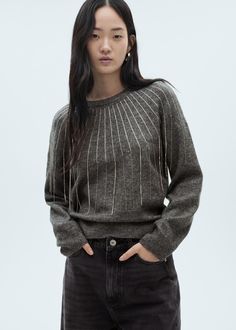 Knitted sweater with glitter detail - Woman | MANGO USA Detailed Sweater, Fine Knit, Mixing Fabrics, Knitted Jumper, Pant Shirt, Knit Jumper, Outdoor Apparel, Knitted Sweater, Knitwear Women