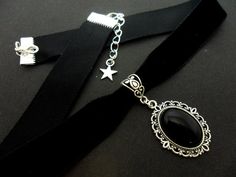 A ladies/girls black velvet 16mm (one inch) choker onyx stone charm necklace. Black Onyx Choker Jewelry, Gothic Black Jewelry With Black Band, Elegant Black Pendant Choker, Adjustable Vintage Black Choker, Black Pendant Choker As A Gift, Vintage Black Choker For Gifts, Formal Jewelry With Adjustable Black Band, Black Band Choker Jewelry, Black Choker With Black Band