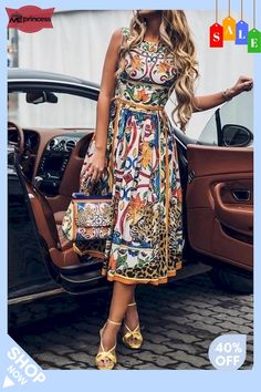 Bohemia Chic Printed O Neck Sleeveless Dress Vestiti In Jeans, Vintage Print Dress, Sukienki Plus Size, Dresses For, Afrikaanse Mode, Paris Chic, Estilo Hippie, Casual Tanks, Sleeveless Long Dress