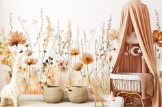 a baby's room with flowers and giraffes