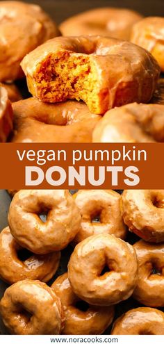 vegan pumpkin doughnuts are stacked on top of each other with the words vegan pumpkin donuts above them