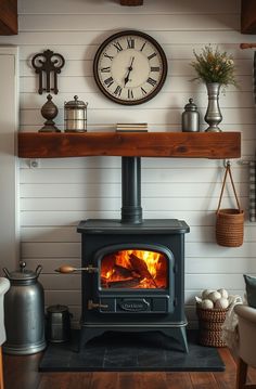 a wood burning stove with a clock above it