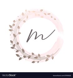 the letter m is inscribed in a circle with leaves and branches on it's side