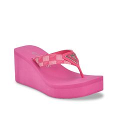 Guess-Demmey Wedge Sandal Look fashion forward wearing the Demmey wedge sandal from Guess. Metallic triangular logo plate on the toe post enriches this thong sandal fashioned with a square open toe and lightweight EVA wedge heel to heighten its elegance. 2000s Pink, Pink Wedges, Shoe Shopping, 2000s Clothes, Cute Tattoos For Women, Aesthetic Shoes, Summer 24, Sandal Fashion, Wedge Sandal