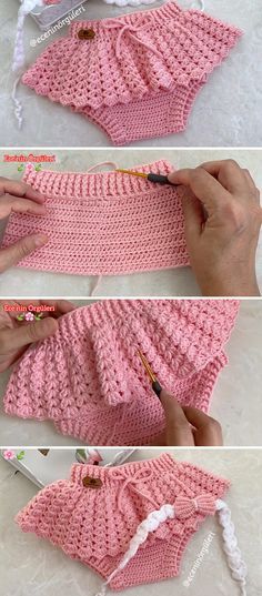 the crocheted skirt is being worked on