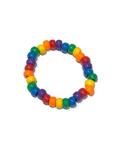 Beaded rainbow bracelet (kandi) made with stretchy clear plastic string Kandi Bracelet Ideas, Rainbow Kandi, Beaded Rainbow, Diy Kandi Bracelets, Diy Kandi, Kandi Ideas, Kandi Bracelets, Loom Pattern, Rainbow Bracelet