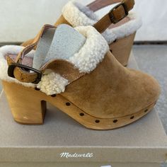 Brand New Madewell Shearling Clogs Size 7 Winter Slip-on Clogs With Buckle Closure, Winter Clogs With Buckle Closure And Round Toe, Winter Buckle Closure Slip-on Clogs, Casual Shearling Clogs With Round Toe, Brown Shearling Clogs For Winter, Casual Clogs With Faux Fur Lining And Round Toe, Winter Brown Shearling Clogs, Winter Suede Clogs With Round Toe, Winter Clogs With Wooden Heel And Round Toe