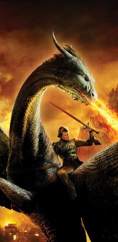 a man riding on the back of a dragon in front of a fire filled sky