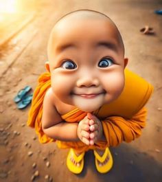 a little monk is smiling and holding his hands up to his face with the sun in the background