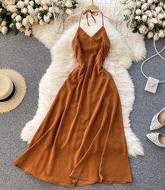 Simple A line v neck dress lace up dress Fabric: blended Color: black, white, red, brown, green, burgundy Size: S, M, L S length 120 bust 70-86 waist 66 M length 121 bust 74-90 waist 70 L length 122 bust 78-94 waist 74 Elegant Brown V-neck Dress For Spring, Brown V-neck Midi Dress, Elegant A-line V-neck Dress, Elegant Brown Backless Maxi Dress, Summer V-neck Maxi Dress With Lace-up Back, Brown V-neck Midi Dress For Parties, Solid Color V-neck Midi Sundress, Brown V-neck Solid Color Dress, Brown V-neck Solid Dress