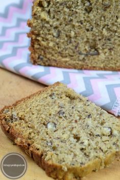 two slices of banana bread sitting on top of a cutting board