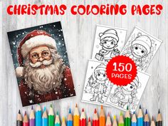 christmas coloring pages for adults and children with santa clause on the front, surrounded by colored pencils