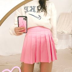 50% Cotton 48% Polyester 2% Spandex Pink pleated tennis skirt Built in shorts under Size and Fit: Model height 5�’2” wearing size Small Female Clothes Outfits, Pink Pleated Skirt, Pleated Tennis Skirt, Long Sleeve Outerwear, Crop Top Sweatshirt, Tennis Skirt, New Tops, Model Height, Vintage Tops