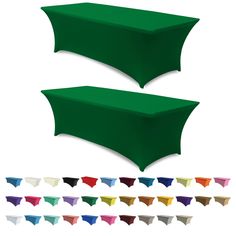 two tables covered in green cloth with different colors and shapes to choose from for each table