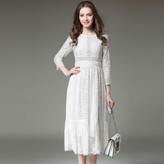 Elegant White Lace Hollow Out Dress - Uniqistic.com Lace Long Dress, White Lace Midi Dress, Women's A Line Dresses, Lace Dress Vintage, White Lace Dress, Fashion White, Early Autumn, White Midi, Long Sleeve Casual Dress