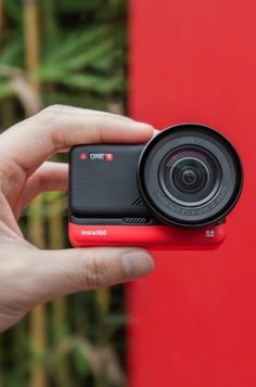 a hand holding a red camera in front of a red wall with green plants behind it