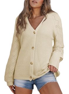 PRICES MAY VARY. Women's cardigan sweater is made of soft knitted fabric for all day comfort. Show offyour figure in this sexy cardigan sweater with a V-neck design. Classic solid colors and unique styles of knitted cardigans are loved by modern women of all ages. The button-down cardigan sweater can be paired with jeans for a stylish look. Stylish cardigans are perfect for fall and winter everyday wear, vacations, dates, parties, offices and more. Astylish Women Open Front Button Down Lantern Sleeve Knit Cardigans Sweater Cream Knit Button-up Cardigan, Knit V-neck Sweater With Button Closure And Long Sleeves, Knit V-neck Sweater Coat With Button Closure, Beige Knit V-neck Cardigan, Trendy Cream Knit Cardigan, Trendy V-neck Cable Knit Sweater Coat, Trendy V-neck Sweater Coat With Soft Knit, Chic Button-up Soft Knit Sweater, Trendy Long Sleeve Pointelle Knit V-neck Sweater