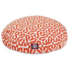 an orange and white round dog bed on a white background with the word love written across it