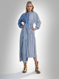 Denim Patchwork Stripes Maxi Dresses – Luis Shop Chic Patchwork Dresses For Daywear, Patchwork Midi Dress For Work, Chic Patchwork Dresses For Workwear, Long Sleeve Patchwork Dresses For Daywear, Blue Patchwork Dresses For Daywear, Denim Blue Patchwork Denim Dress, Long Sleeve Patchwork Denim Dress, Spring V-neck Maxi Dress With Patchwork, Blue Patchwork Denim Dress Knee-length